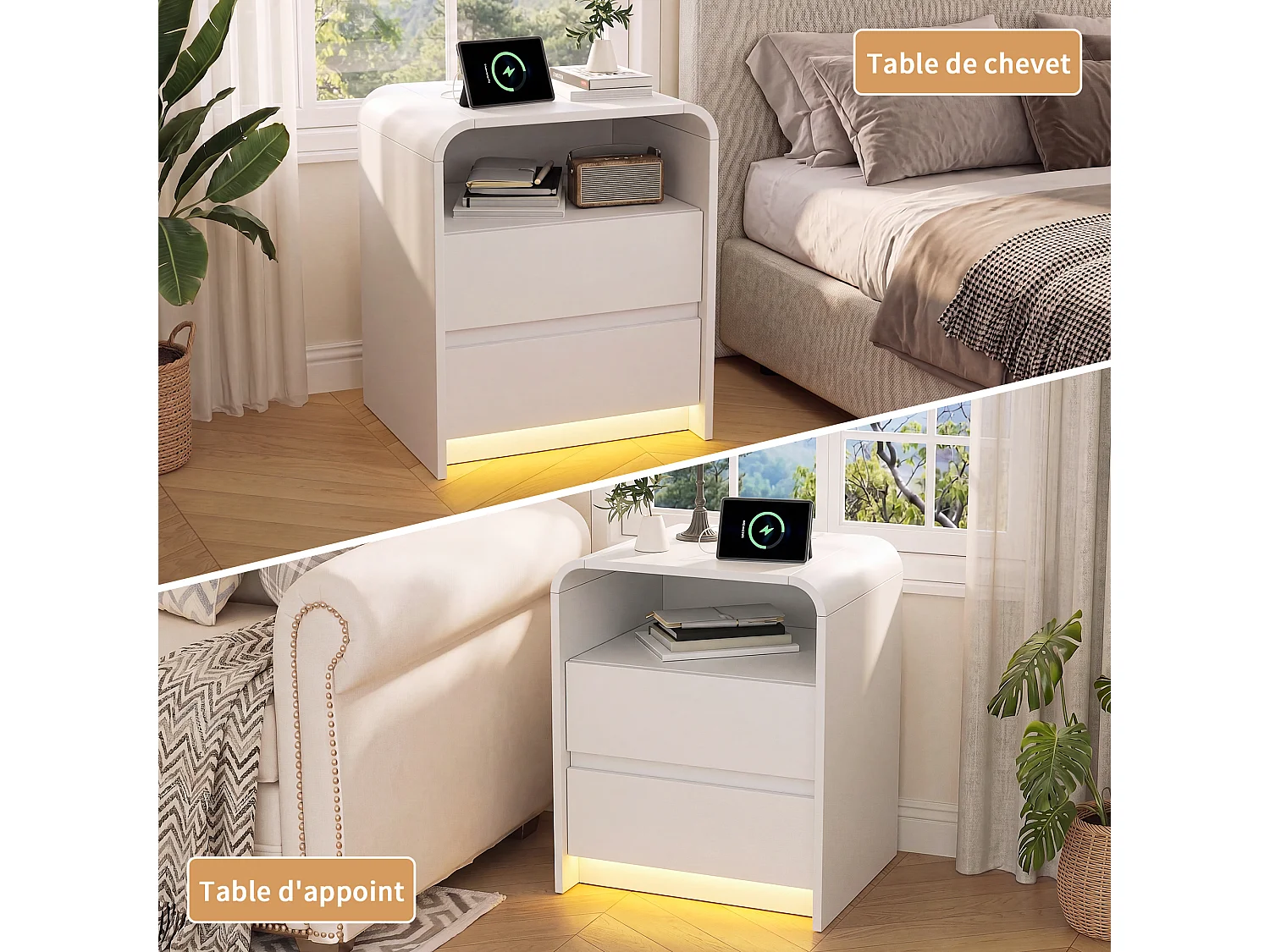 Lot de 2 tables de chevet 57x40x45 cm avec éclairage LED et prise de charge, 2 tiroirs, style minimaliste moderne