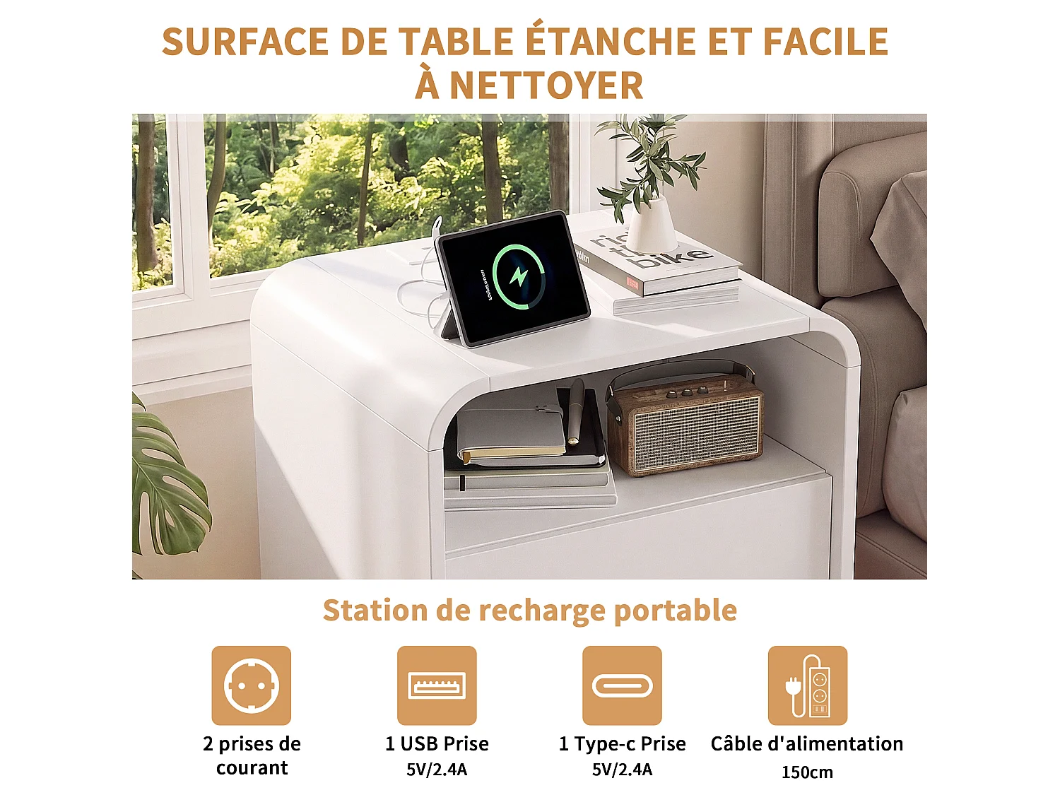 Lot de 2 tables de chevet 57x40x45 cm avec éclairage LED et prise de charge, 2 tiroirs, style minimaliste moderne
