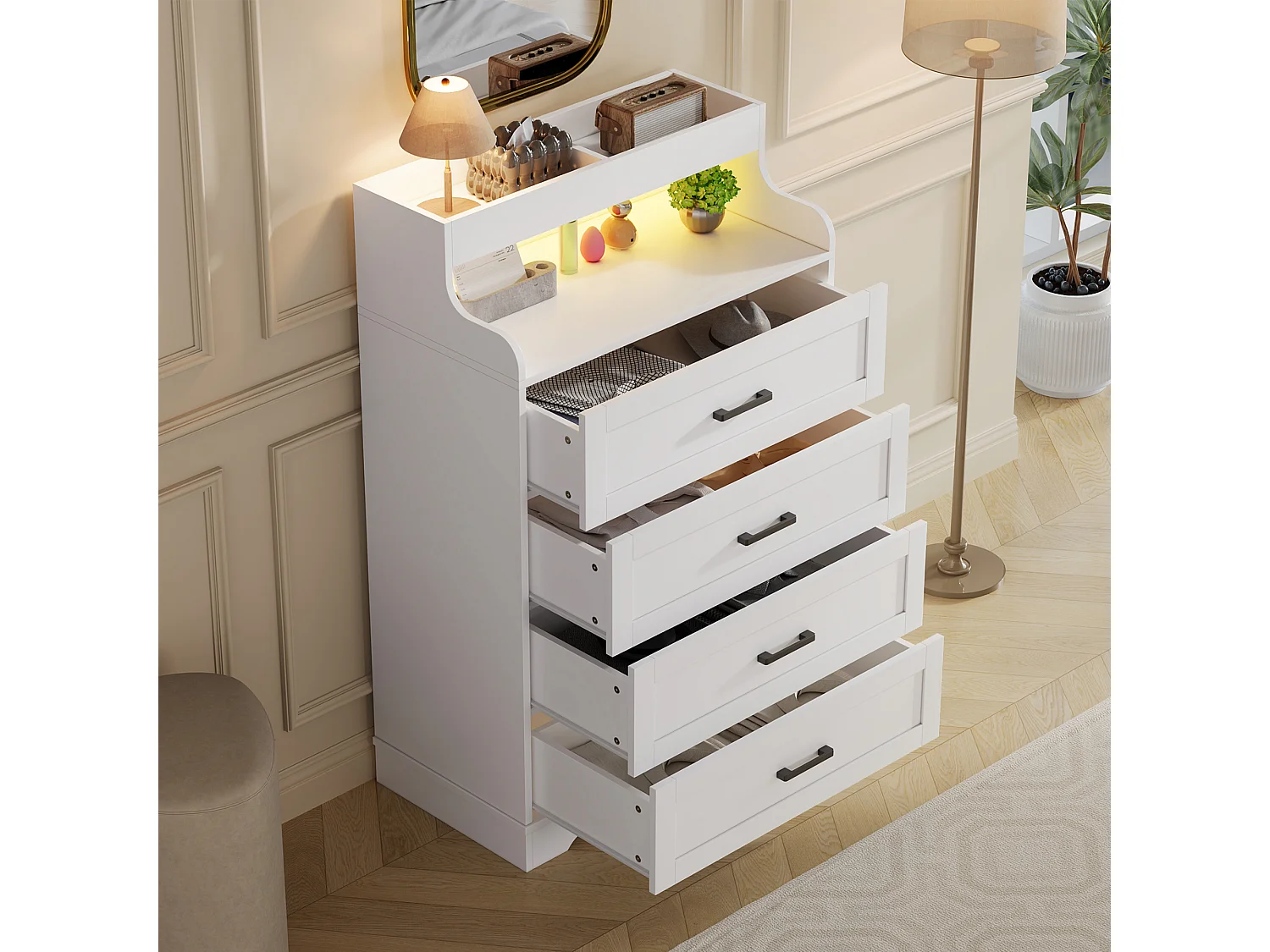 Commode 4 tiroirs avec éclairage RGB-LED et étagère ouverte, commode en bois style scandinave, 114x39,5x73 cm