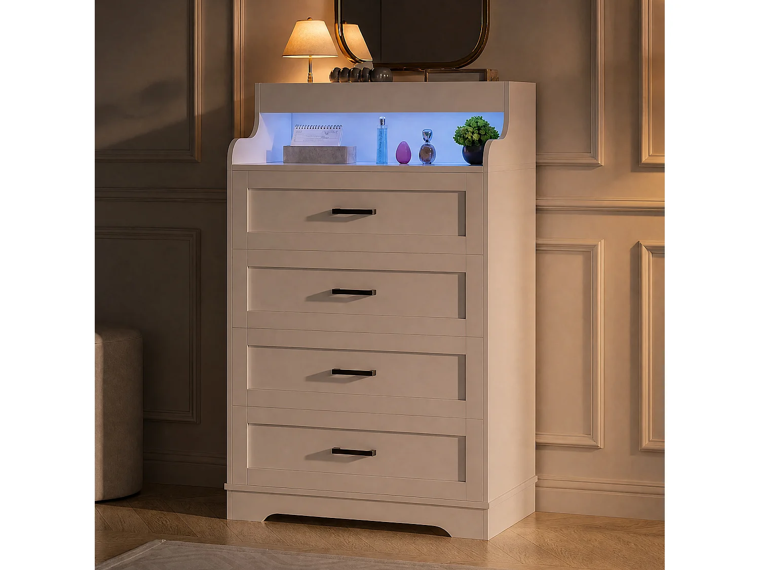 Commode 4 tiroirs avec éclairage RGB-LED et étagère ouverte, commode en bois style scandinave, 114x39,5x73 cm