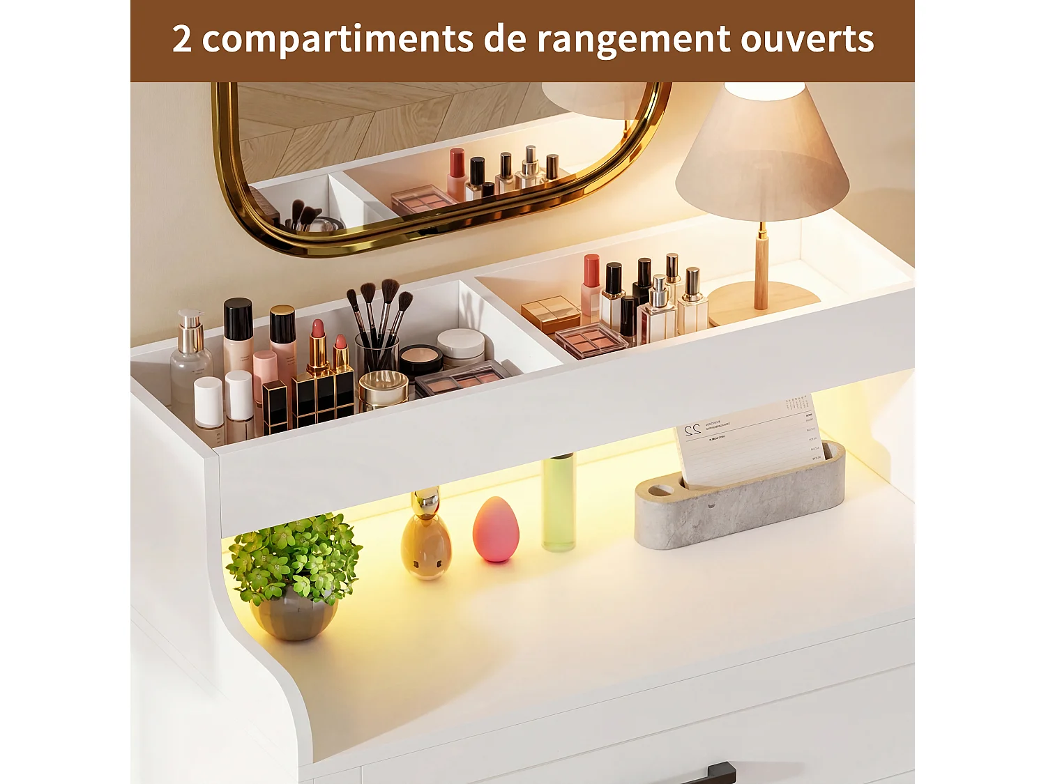 Commode 4 tiroirs avec éclairage RGB-LED et étagère ouverte, commode en bois style scandinave, 114x39,5x73 cm