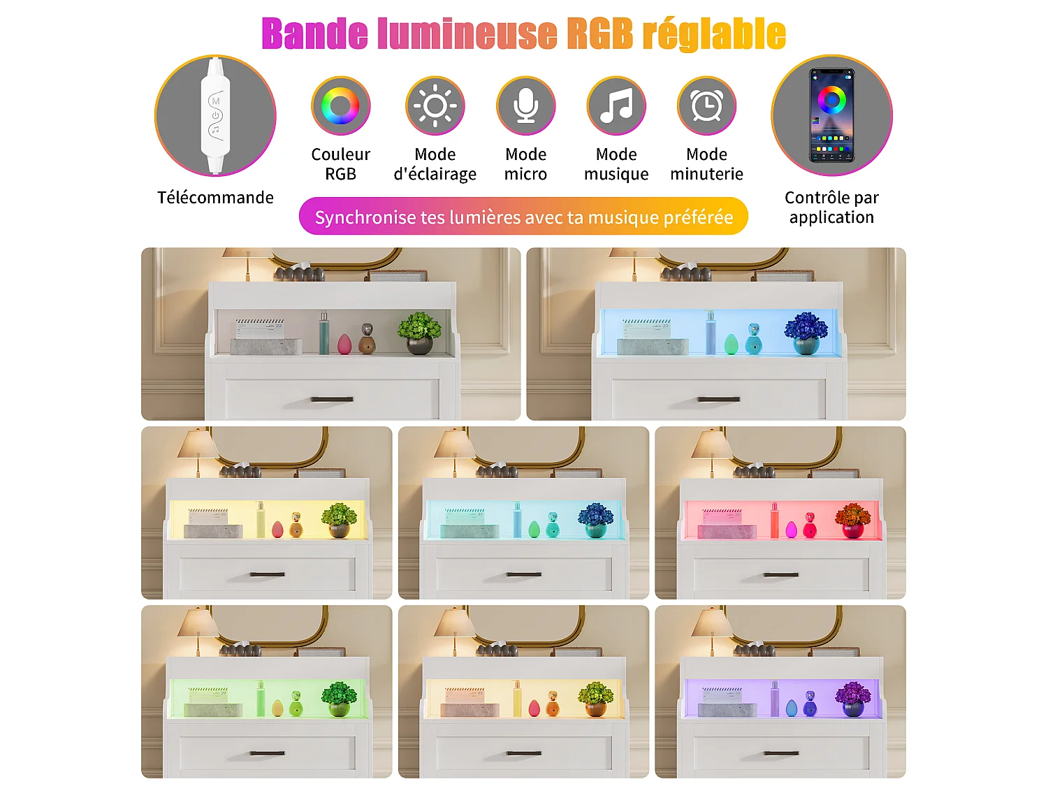 Commode 4 tiroirs avec éclairage RGB-LED et étagère ouverte, commode en bois style scandinave, 114x39,5x73 cm