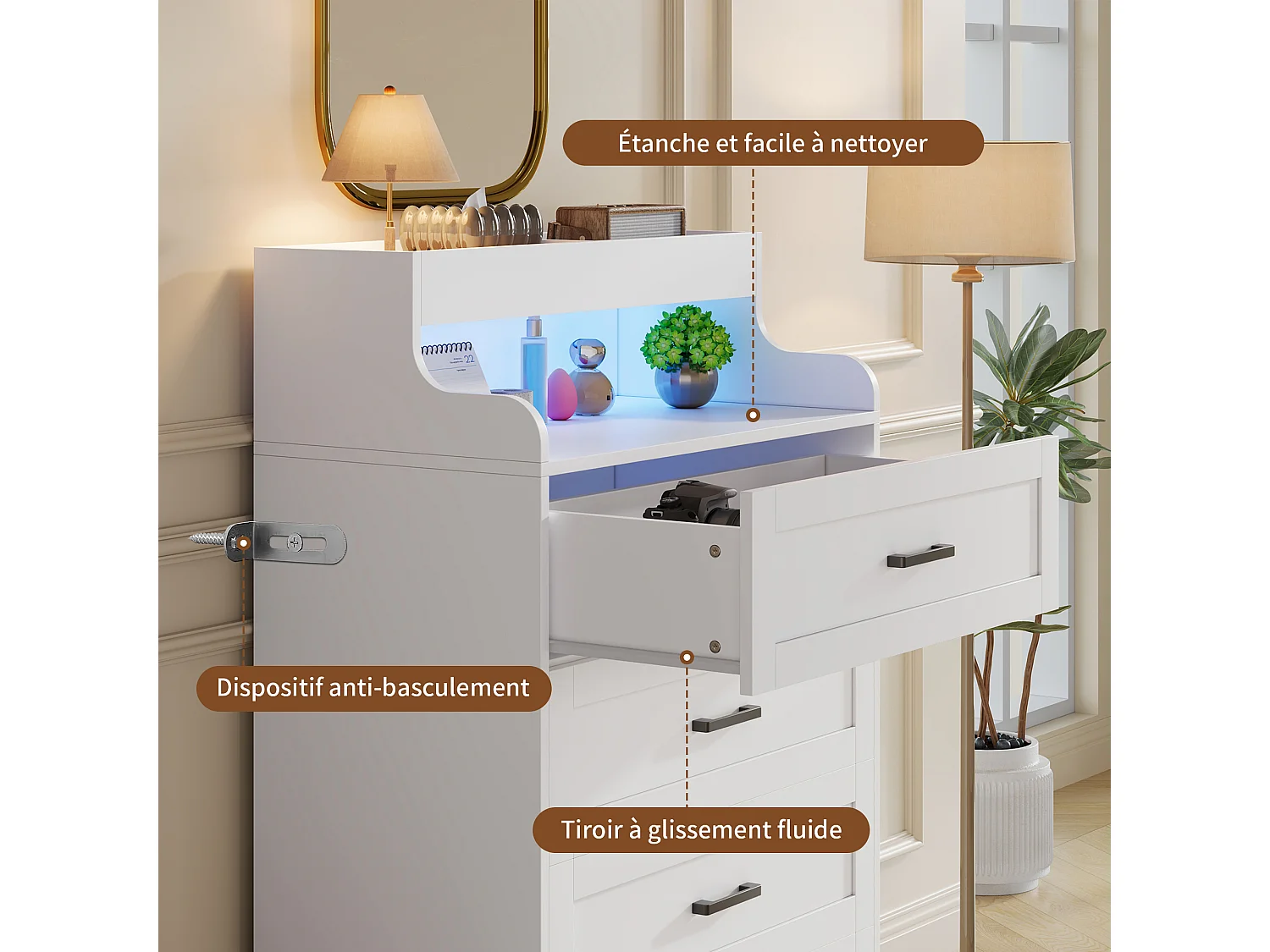 Commode 4 tiroirs avec éclairage RGB-LED et étagère ouverte, commode en bois style scandinave, 114x39,5x73 cm