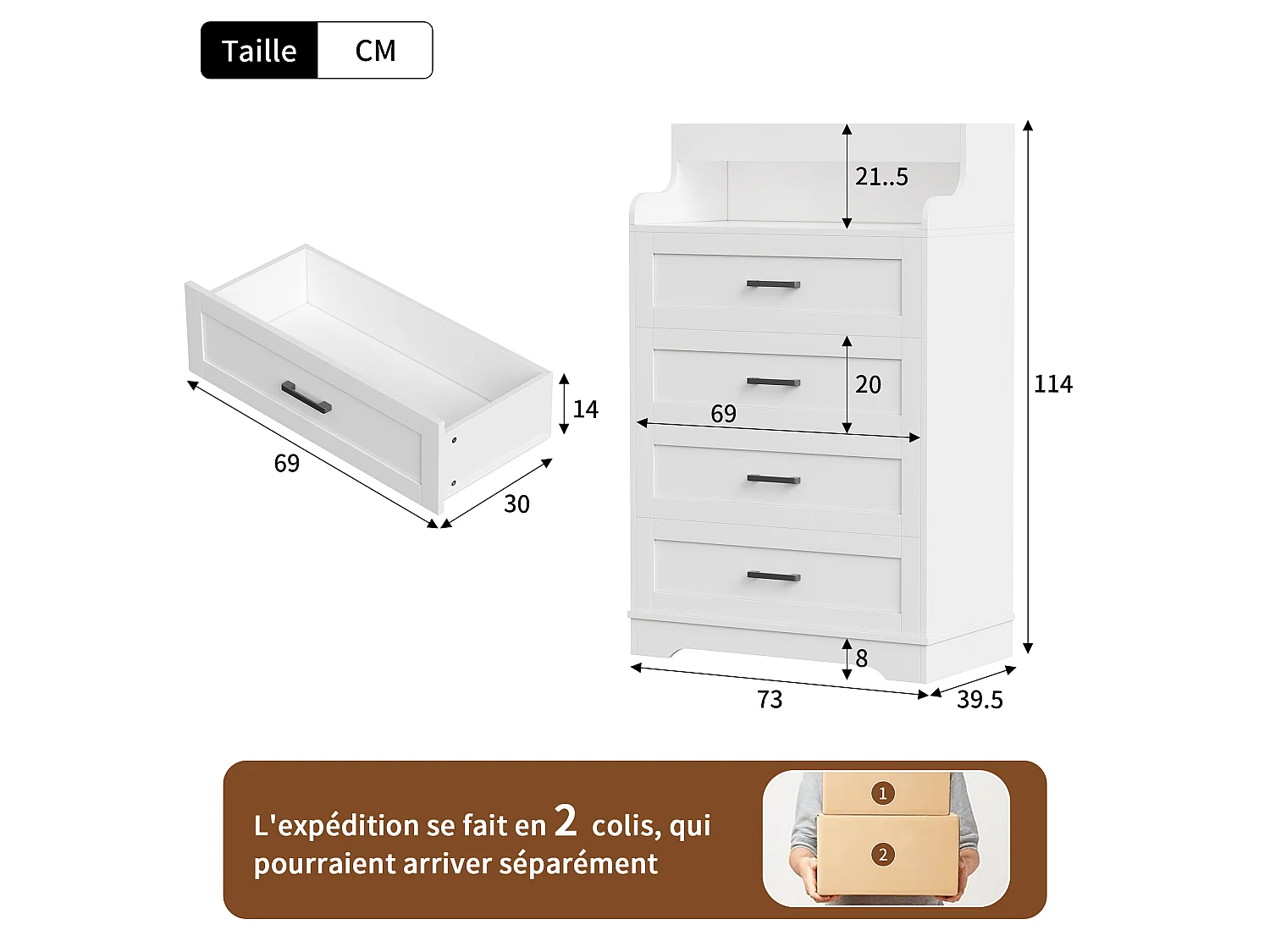 Commode 4 tiroirs avec éclairage RGB-LED et étagère ouverte, commode en bois style scandinave, 114x39,5x73 cm