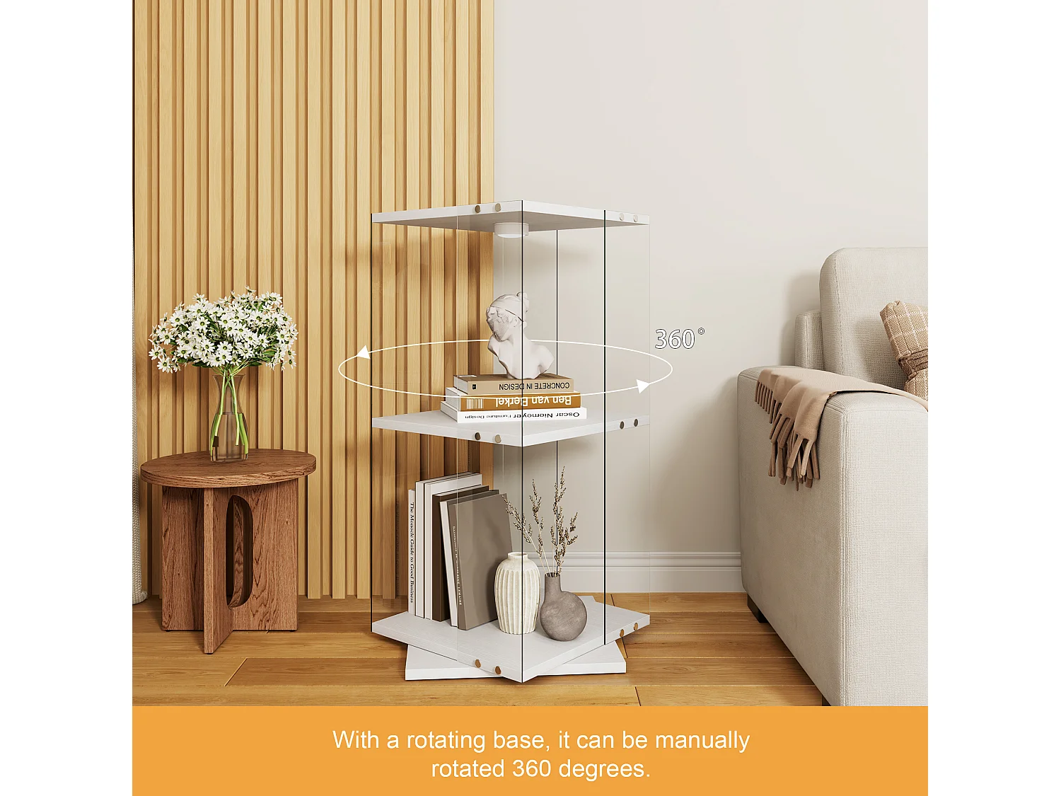 Vitrine d'exposition en verre avec socle rotatif à 360°, meuble table 1 porte avec éclairage, 2 niveaux pour objets de collection, blanc, 82x38x38 cm