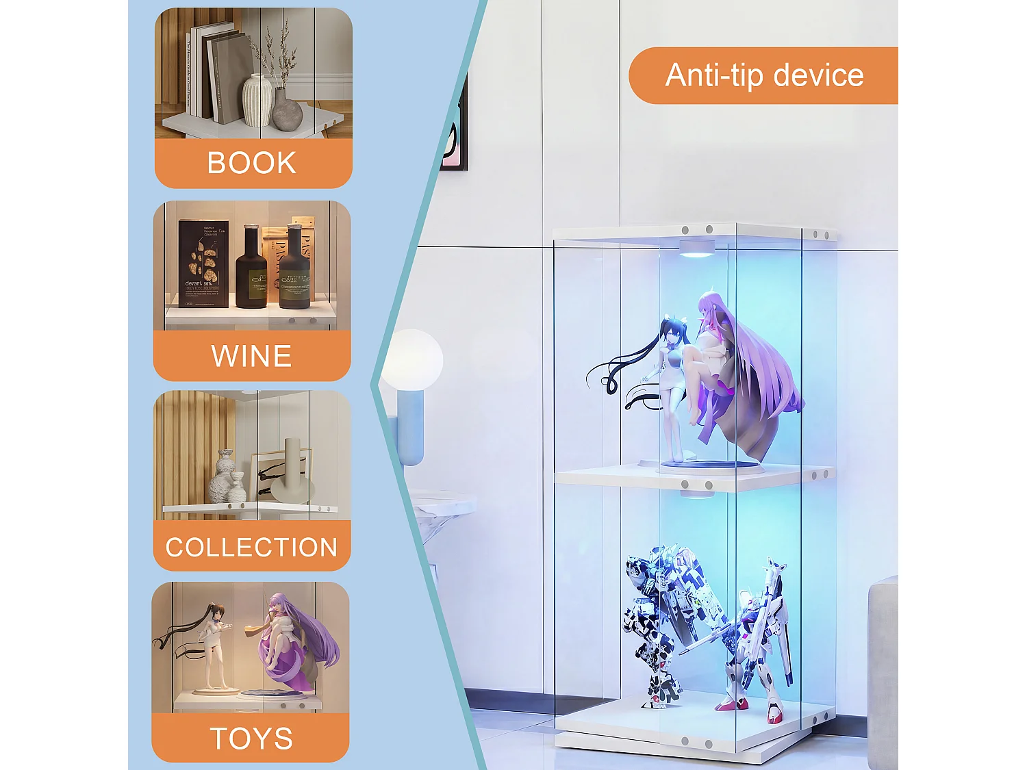 Vitrine d'exposition en verre avec socle rotatif à 360°, meuble table 1 porte avec éclairage, 2 niveaux pour objets de collection, blanc, 82x38x38 cm