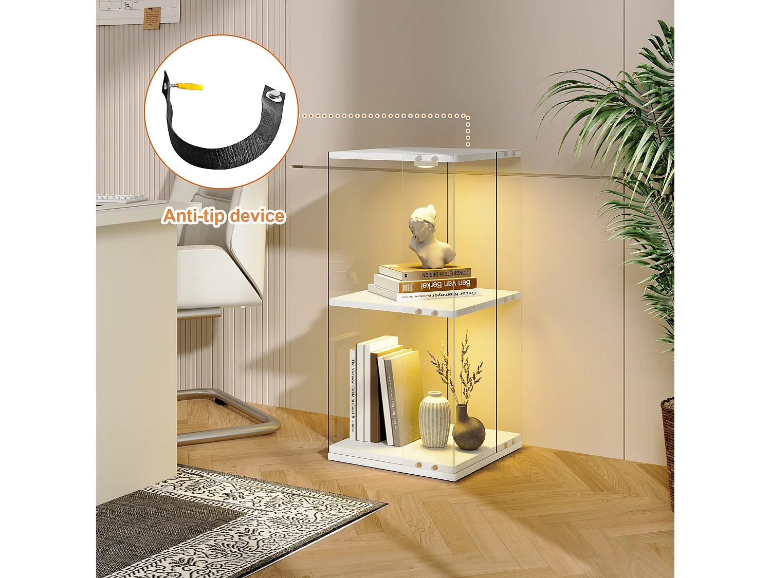 Vitrine d'exposition en verre avec socle rotatif à 360°, meuble table 1 porte avec éclairage, 2 niveaux pour objets de collection, blanc, 82x38x38 cm
