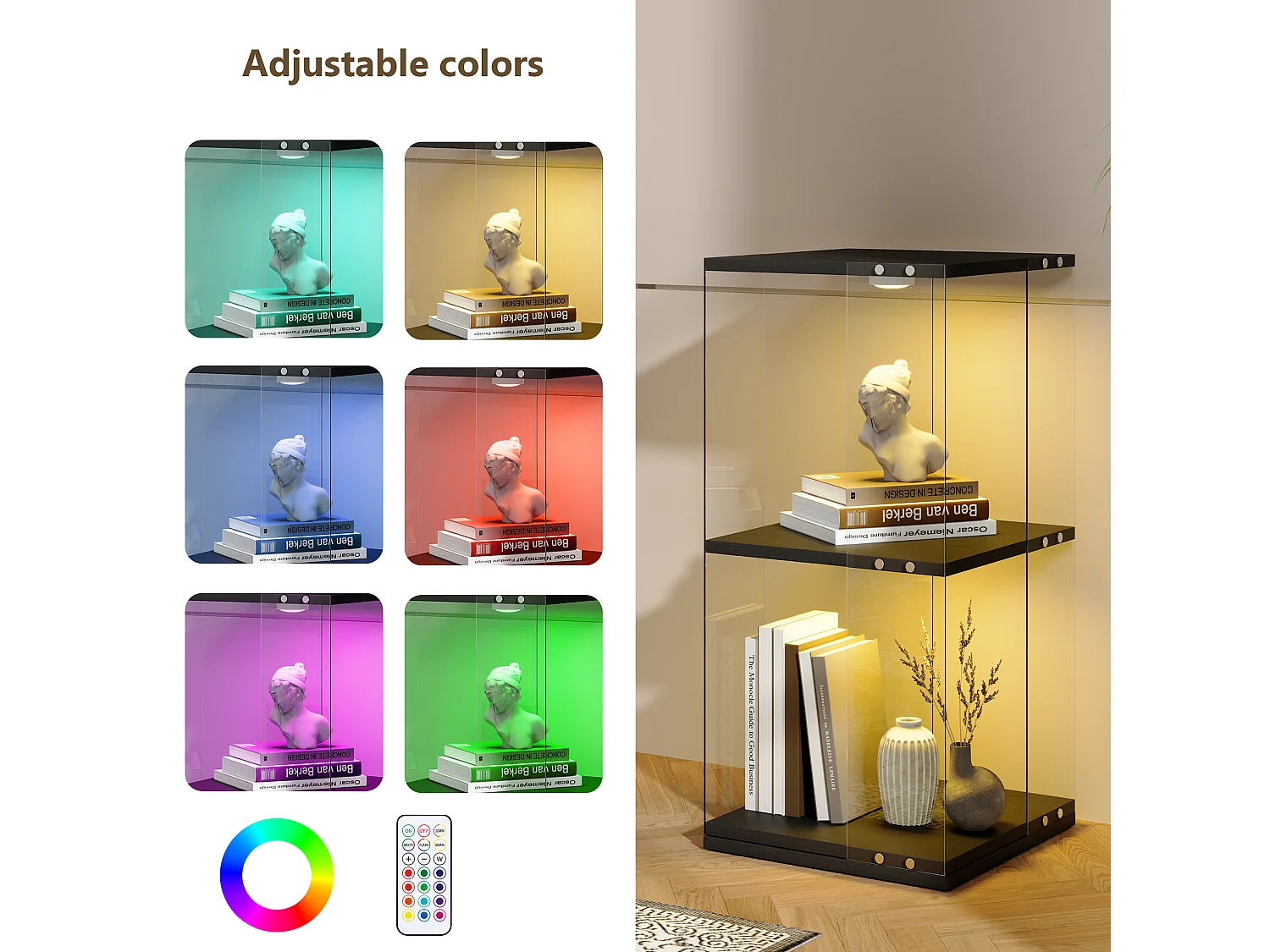 Vitrine d'exposition en verre avec socle rotatif à 360°, meuble table 1 porte avec éclairage, 2 niveaux pour objets de collection, noir, 82x38x38 cm