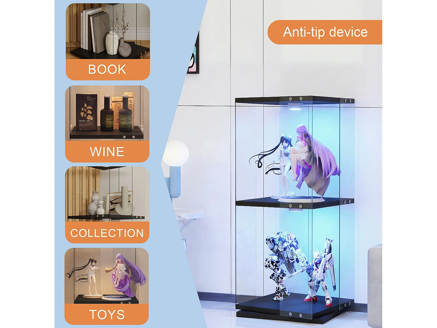 Vitrine d'exposition en verre avec socle rotatif à 360°, meuble table 1 porte avec éclairage, 2 niveaux pour objets de collection, noir, 82x38x38 cm