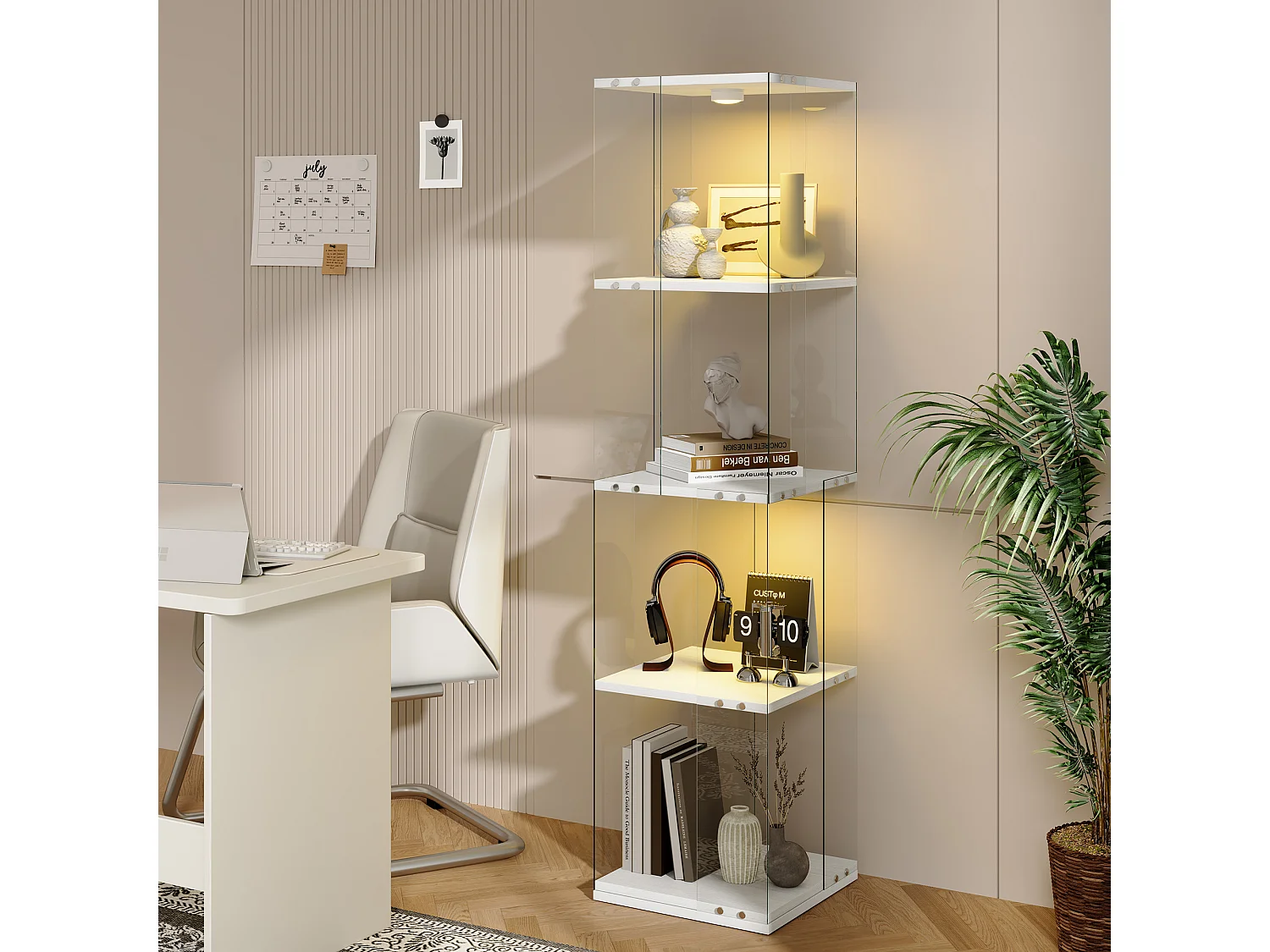 Vitrine d'exposition en verre avec socle rotatif à 360°, meuble de rangement 1 porte avec éclairage, 4 étagères pour objets de collection, blanc, 160x38x38 cm