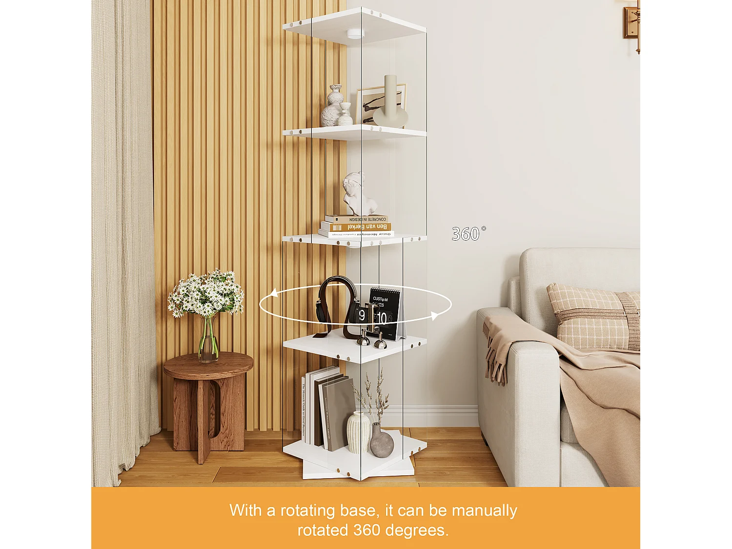 Vitrine d'exposition en verre avec socle rotatif à 360°, meuble de rangement 1 porte avec éclairage, 4 étagères pour objets de collection, blanc, 160x38x38 cm