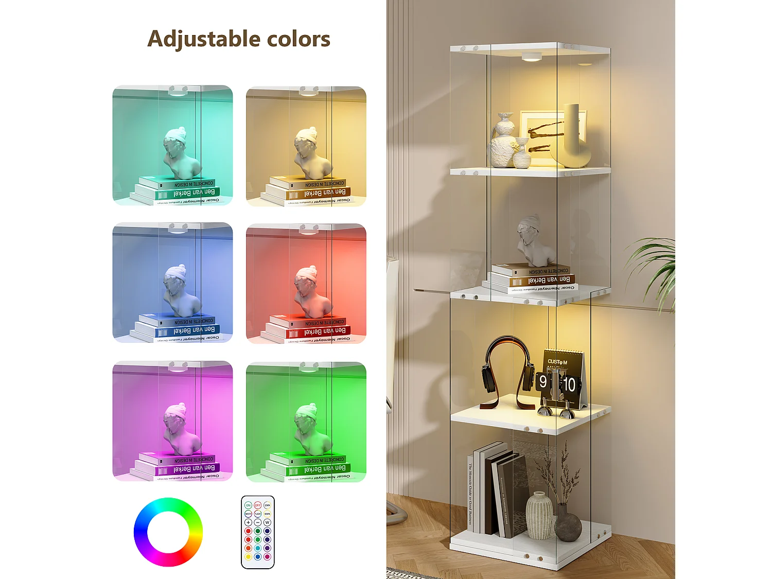 Vitrine d'exposition en verre avec socle rotatif à 360°, meuble de rangement 1 porte avec éclairage, 4 étagères pour objets de collection, blanc, 160x38x38 cm