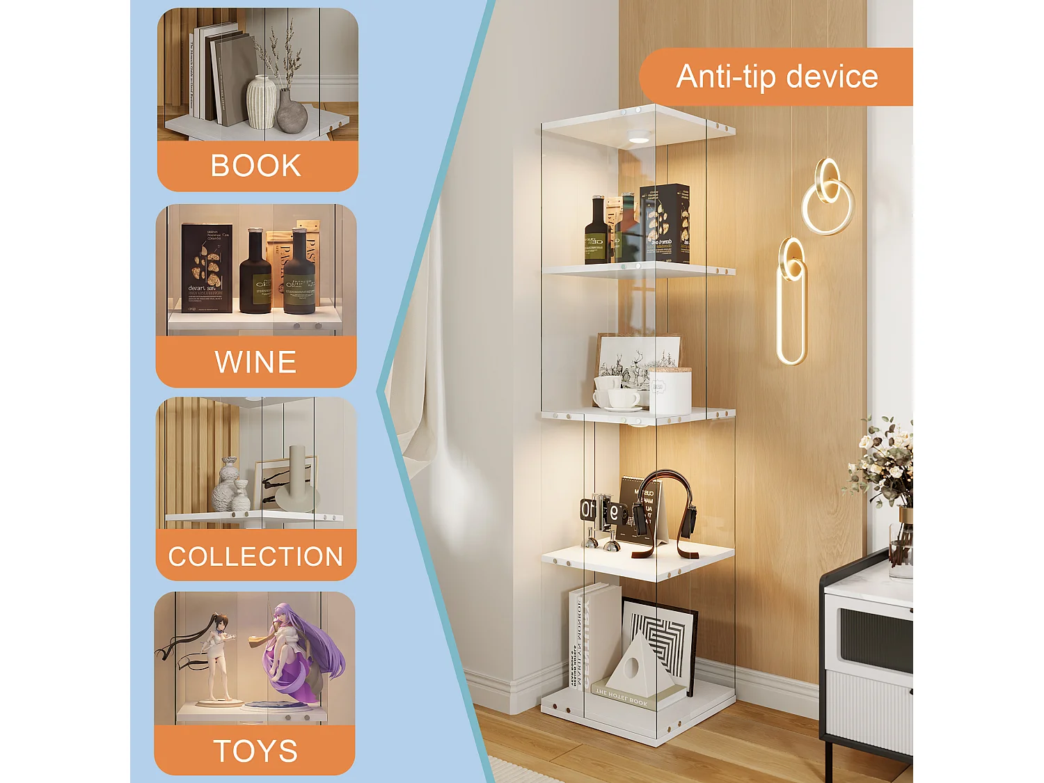 Vitrine d'exposition en verre avec socle rotatif à 360°, meuble de rangement 1 porte avec éclairage, 4 étagères pour objets de collection, blanc, 160x38x38 cm