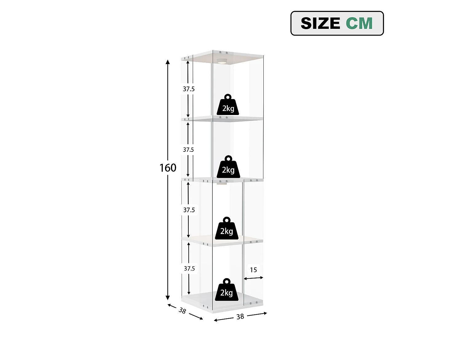 Vitrine d'exposition en verre avec socle rotatif à 360°, meuble de rangement 1 porte avec éclairage, 4 étagères pour objets de collection, blanc, 160x38x38 cm