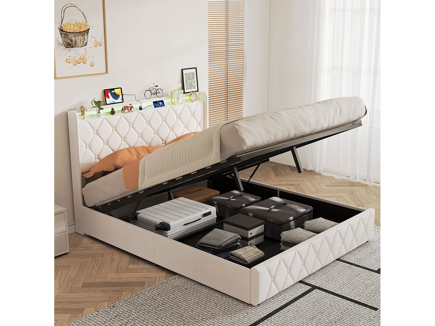 Lit coffre double 160x200cm velours beige, rangement hydraulique sous lit, sommier à lattes sans matelas