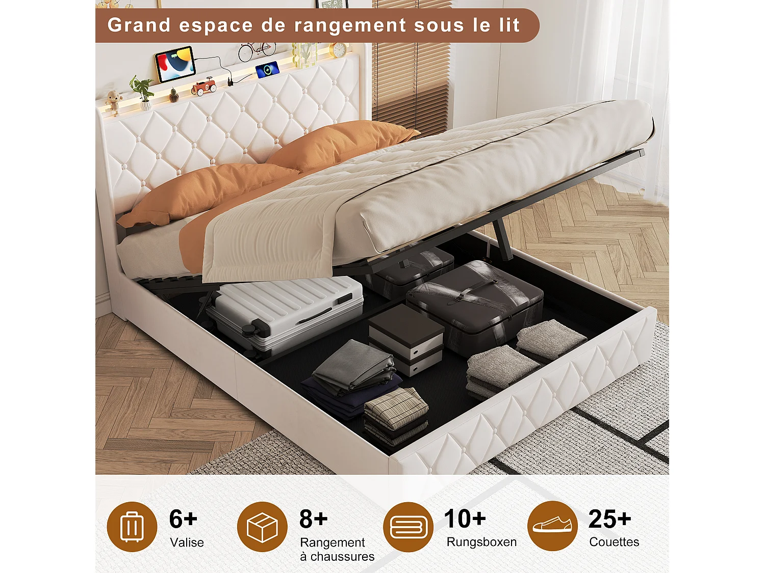 Lit coffre double 160x200cm velours beige, rangement hydraulique sous lit, sommier à lattes sans matelas
