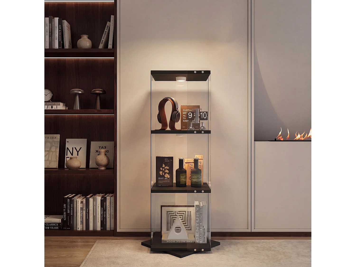 Vitrine d'exposition en verre avec socle rotatif à 360°, meuble de rangement 1 porte avec éclairage, 3 niveaux pour objets de collection, noir, 121x38x38 cm
