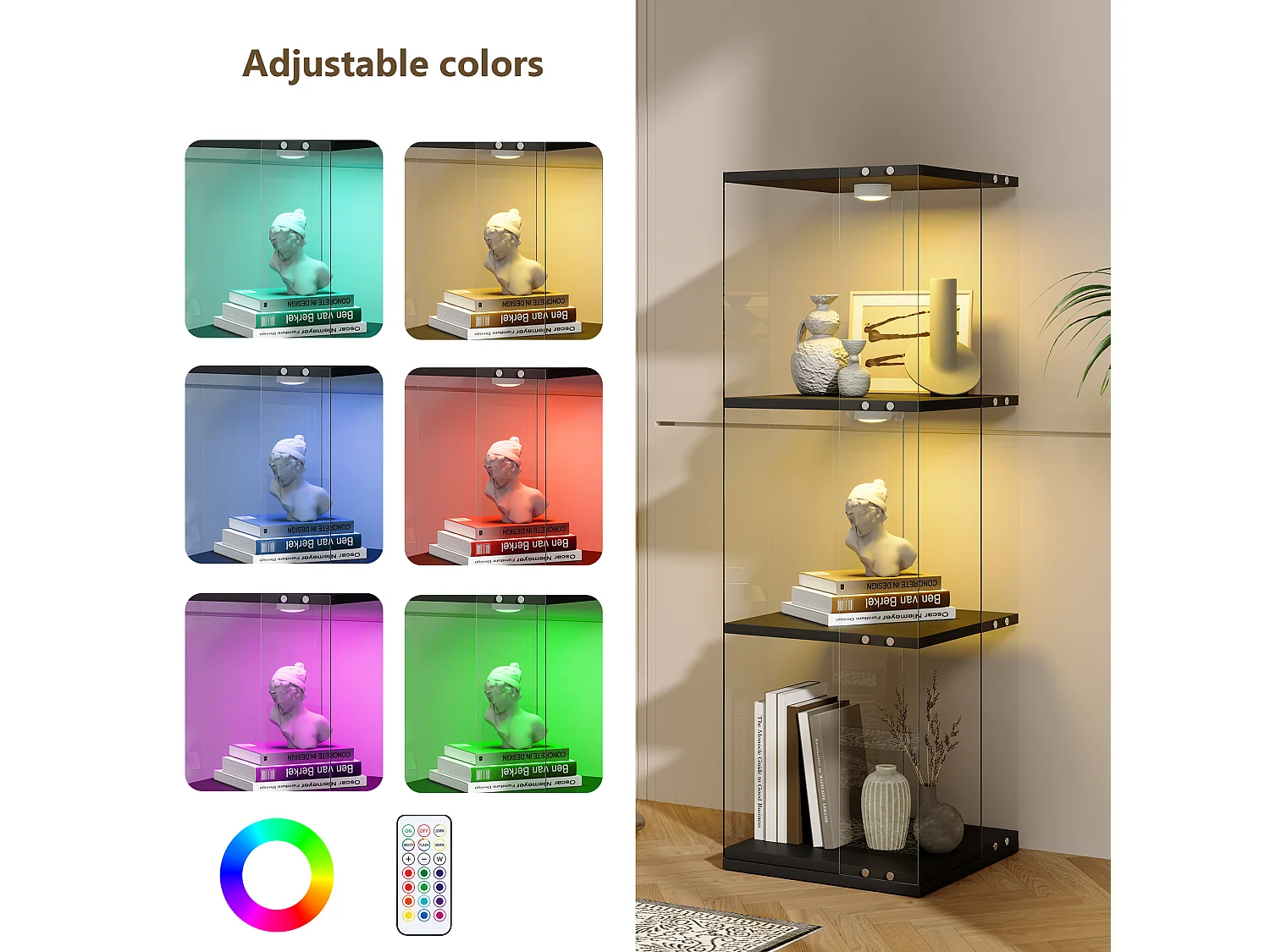Vitrine d'exposition en verre avec socle rotatif à 360°, meuble de rangement 1 porte avec éclairage, 3 niveaux pour objets de collection, noir, 121x38x38 cm