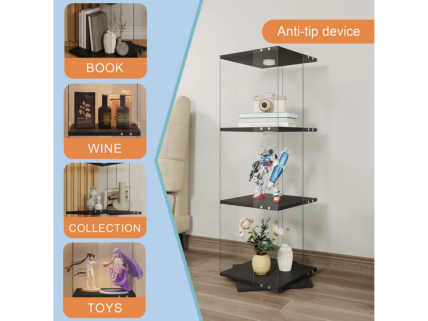Vitrine d'exposition en verre avec socle rotatif à 360°, meuble de rangement 1 porte avec éclairage, 3 niveaux pour objets de collection, noir, 121x38x38 cm