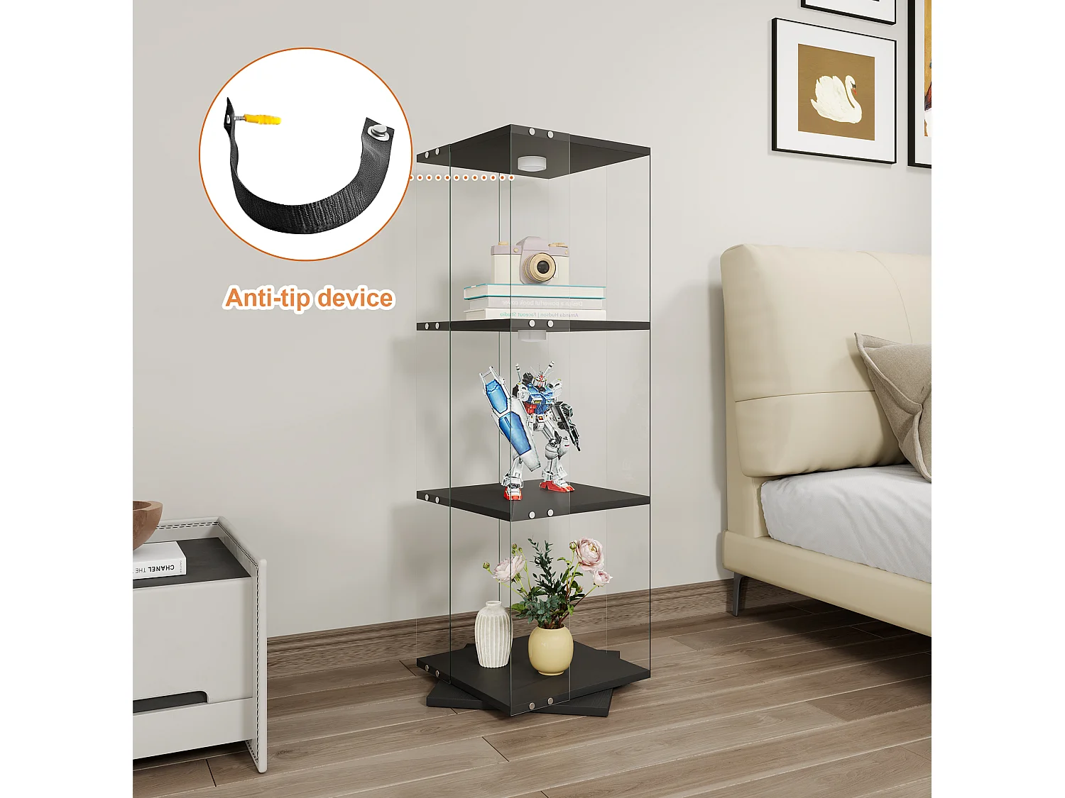 Vitrine d'exposition en verre avec socle rotatif à 360°, meuble de rangement 1 porte avec éclairage, 3 niveaux pour objets de collection, noir, 121x38x38 cm