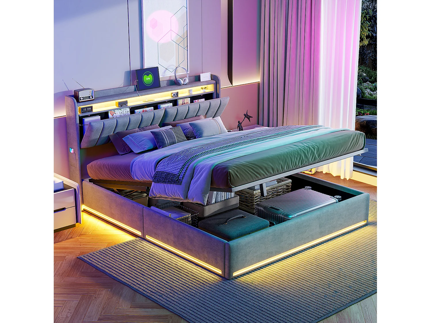 Gestoffeerd bed 140 x 200 cm, tweepersoonsbed met ledverlichting en usb-poort, opbergruimte in het hoofdeinde, hydraulische rails, fluweel, grijs