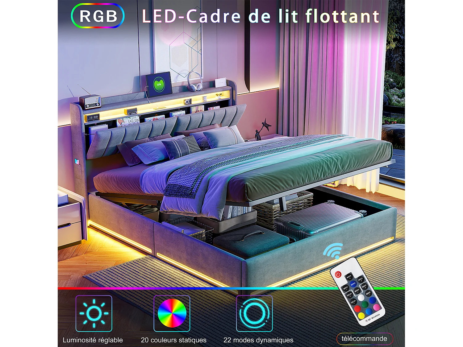Gestoffeerd bed 140 x 200 cm, tweepersoonsbed met ledverlichting en usb-poort, opbergruimte in het hoofdeinde, hydraulische rails, fluweel, grijs