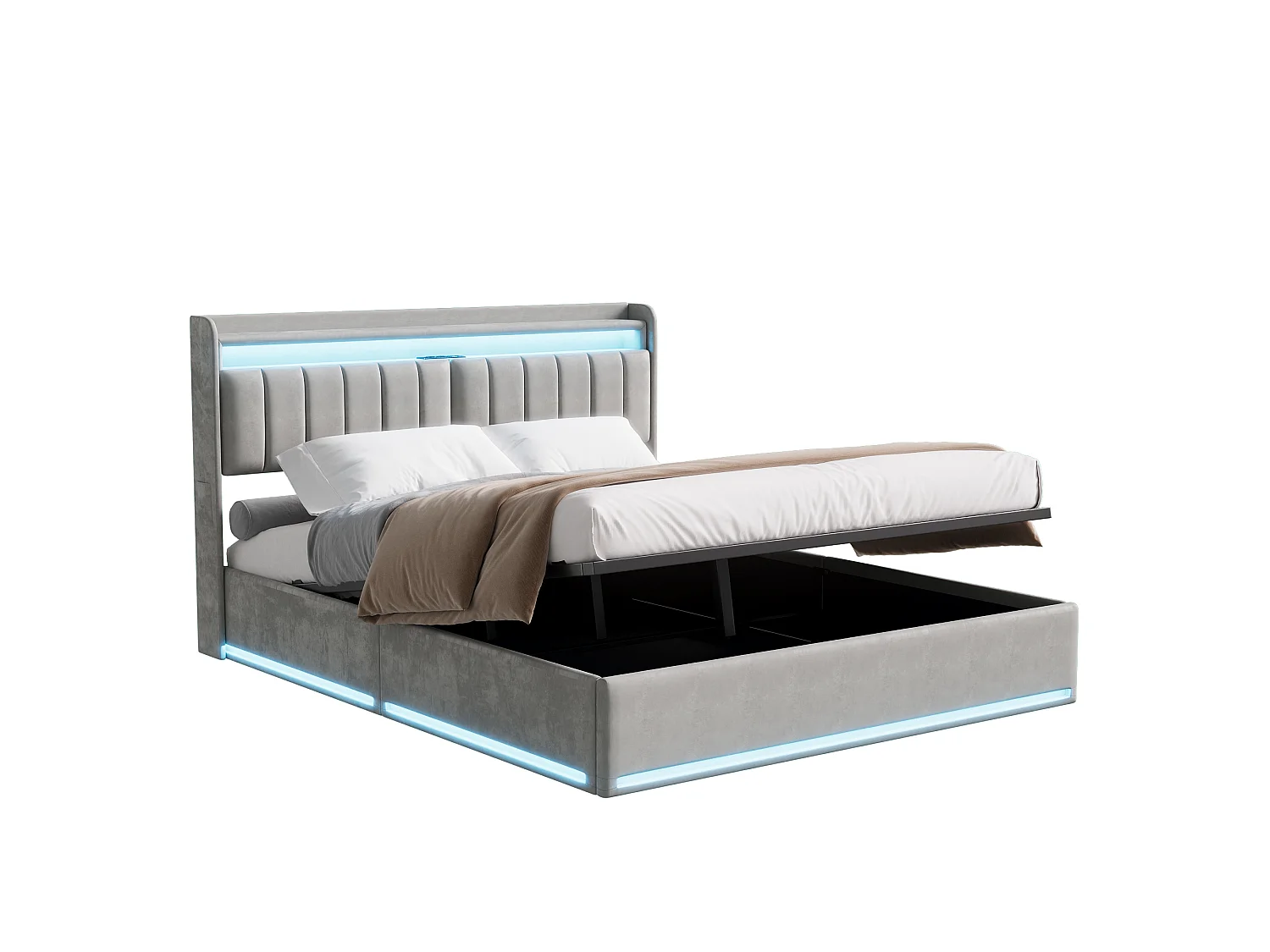 Gestoffeerd bed 140 x 200 cm, tweepersoonsbed met ledverlichting en usb-poort, opbergruimte in het hoofdeinde, hydraulische rails, fluweel, grijs