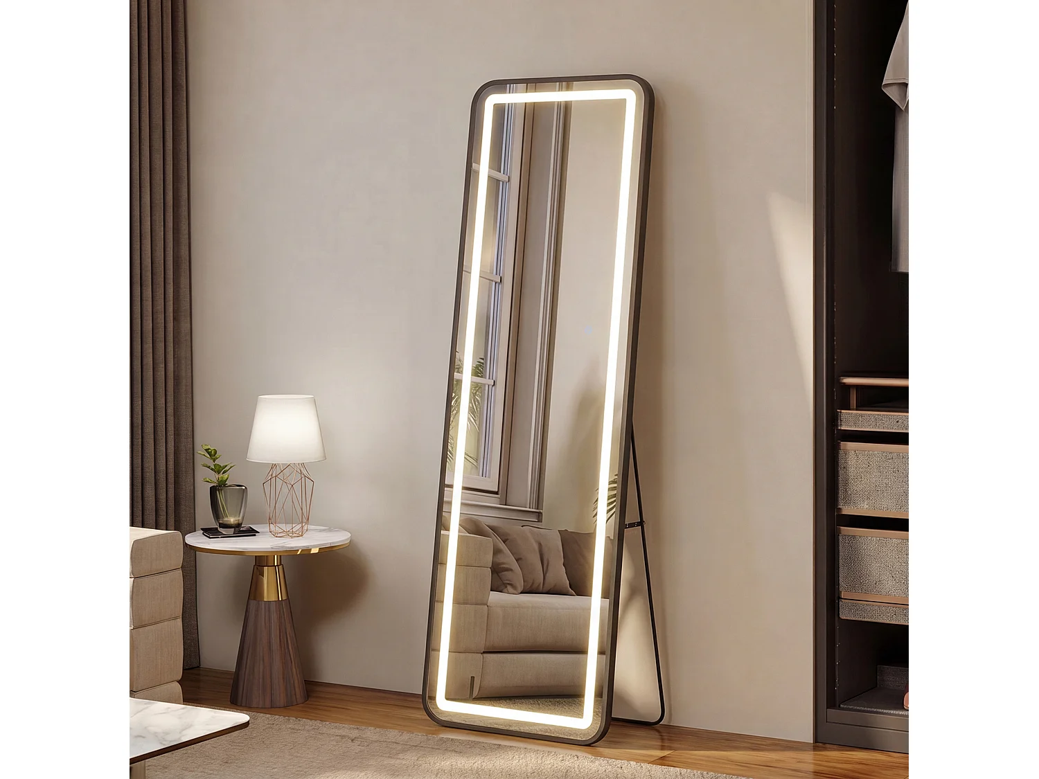 Miroir pleine hauteur carré 150x40 cm avec éclairage LED réglable, pose murale ou au sol, couleur or