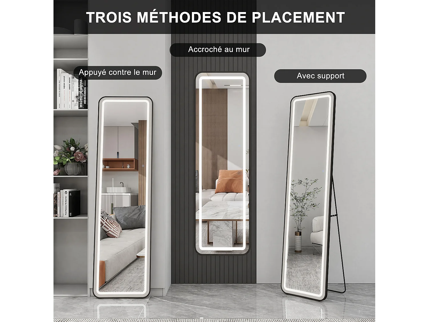 Miroir pleine hauteur carré 150x40 cm avec éclairage LED réglable, pose murale ou au sol, couleur or