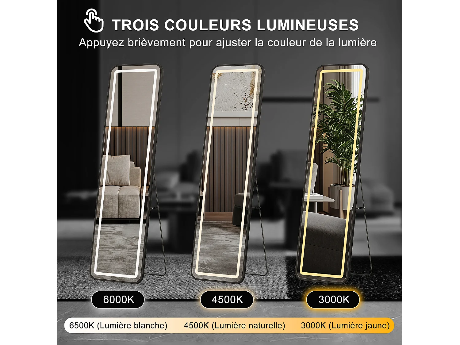 Miroir pleine hauteur carré 150x40 cm avec éclairage LED réglable, pose murale ou au sol, couleur or