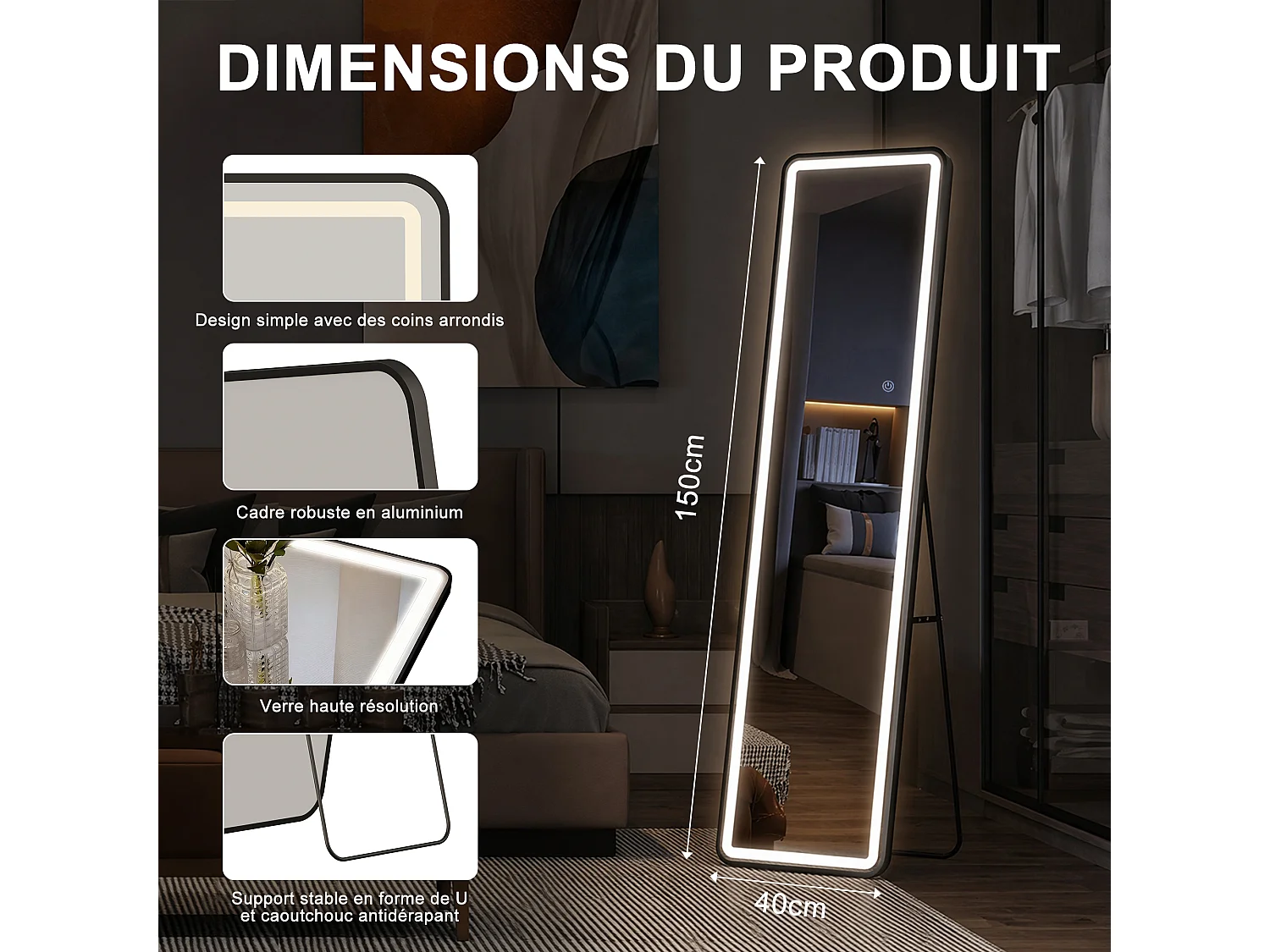 Miroir pleine hauteur carré 150x40 cm avec éclairage LED réglable, pose murale ou au sol, couleur or