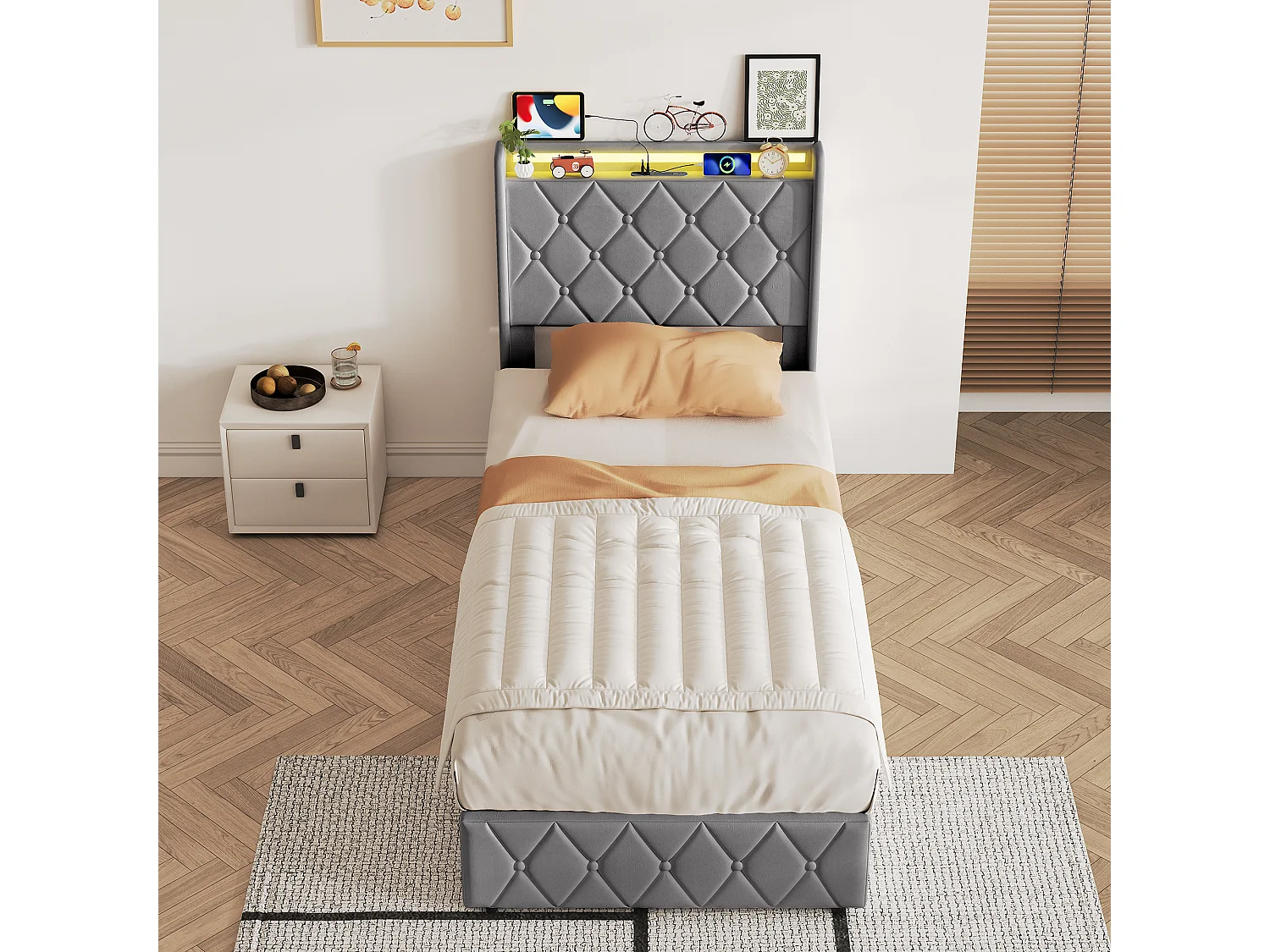 Lit simple coffre hydraulique 90x200cm cadre lit en velours gris, sommier à lattes, grand rangement sous lit