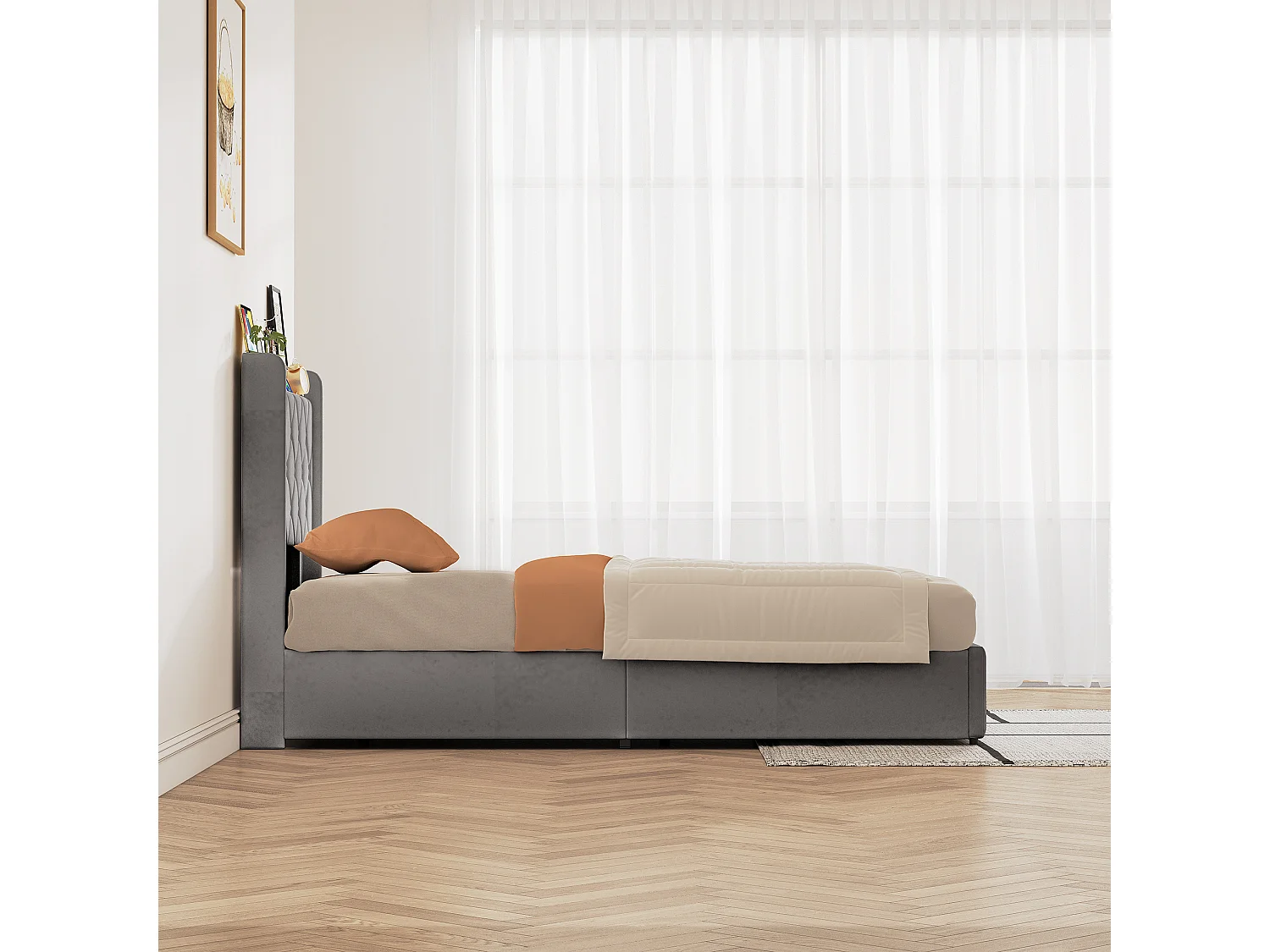 Lit simple coffre hydraulique 90x200cm cadre lit en velours gris, sommier à lattes, grand rangement sous lit