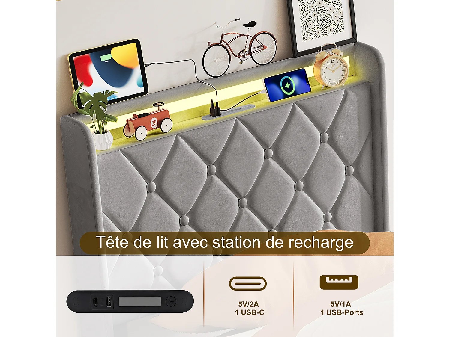 Lit simple coffre hydraulique 90x200cm cadre lit en velours gris, sommier à lattes, grand rangement sous lit