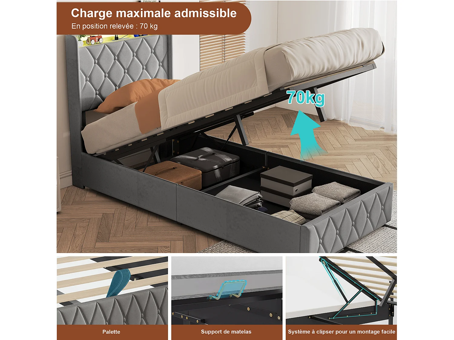 Lit simple coffre hydraulique 90x200cm cadre lit en velours gris, sommier à lattes, grand rangement sous lit