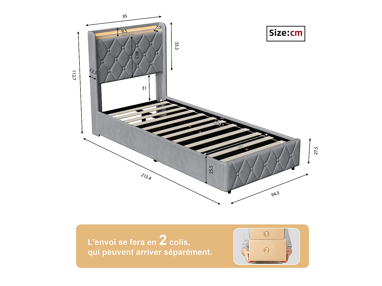 Lit simple coffre hydraulique 90x200cm cadre lit en velours gris, sommier à lattes, grand rangement sous lit