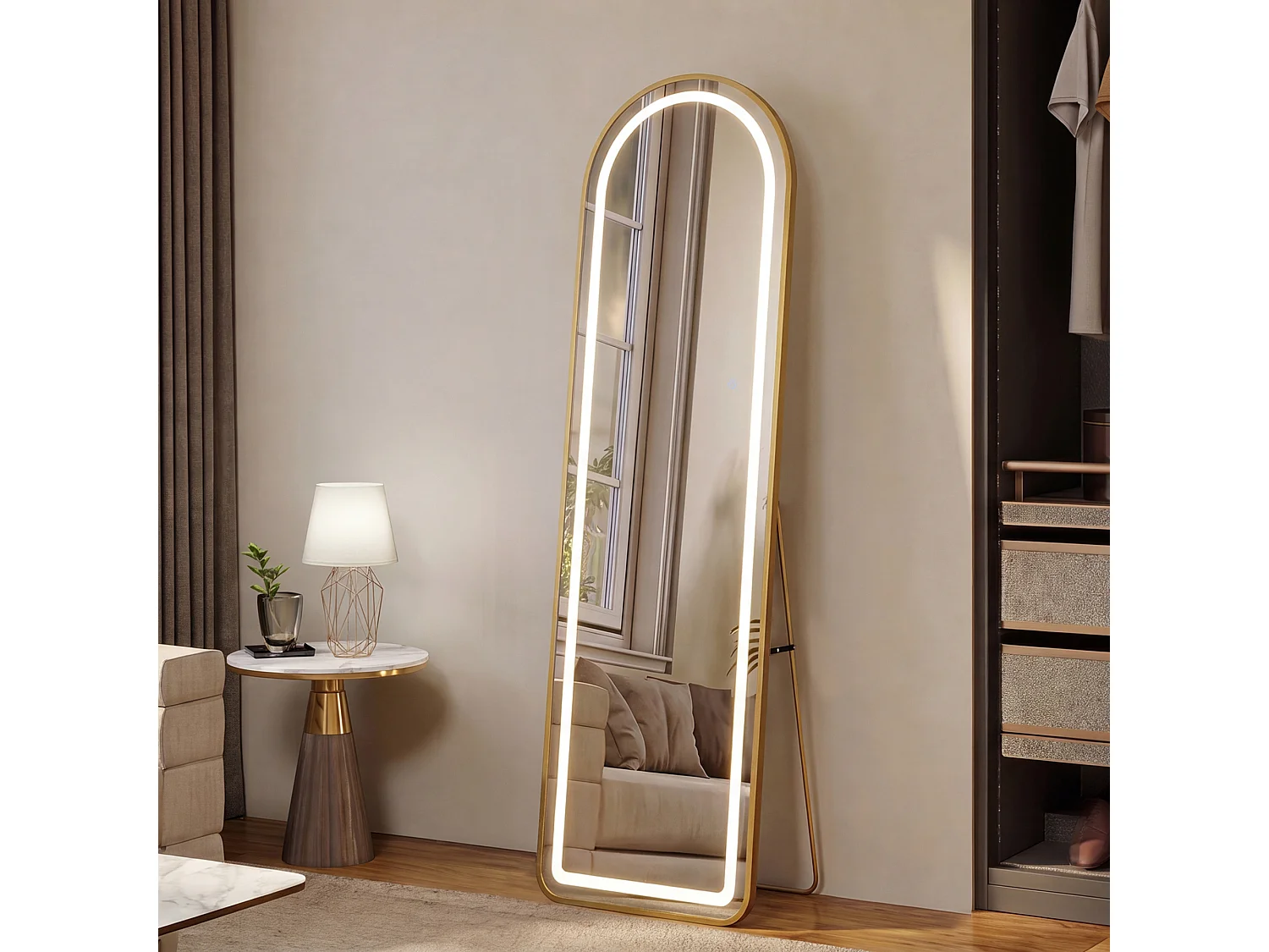 Miroir pleine hauteur arqué 150x40 cm avec éclairage LED réglable, pose murale ou au sol, couleur or