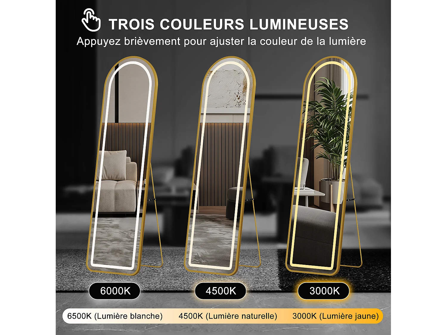 Miroir pleine hauteur arqué 150x40 cm avec éclairage LED réglable, pose murale ou au sol, couleur or