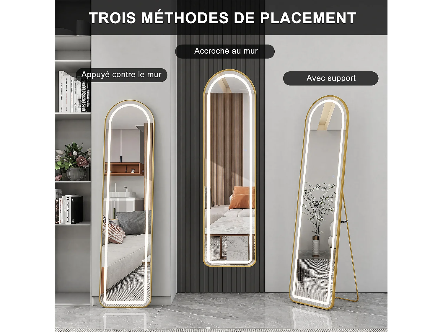 Miroir pleine hauteur arqué 150x40 cm avec éclairage LED réglable, pose murale ou au sol, couleur or
