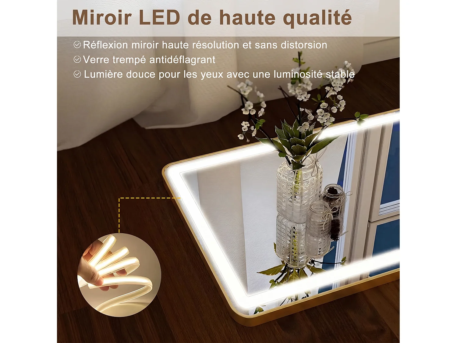 Miroir pleine hauteur arqué 150x40 cm avec éclairage LED réglable, pose murale ou au sol, couleur or