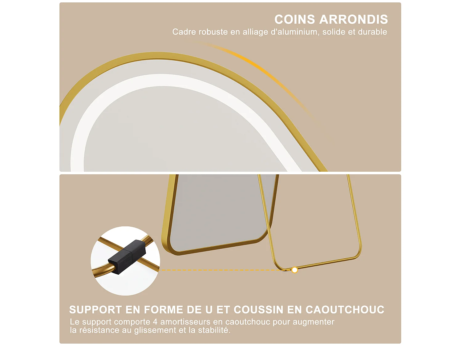 Miroir pleine hauteur arqué 150x40 cm avec éclairage LED réglable, pose murale ou au sol, couleur or