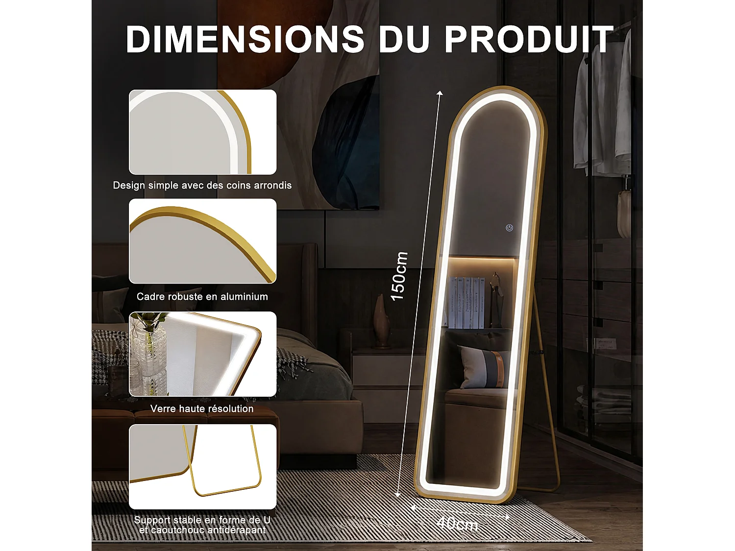 Miroir pleine hauteur arqué 150x40 cm avec éclairage LED réglable, pose murale ou au sol, couleur or