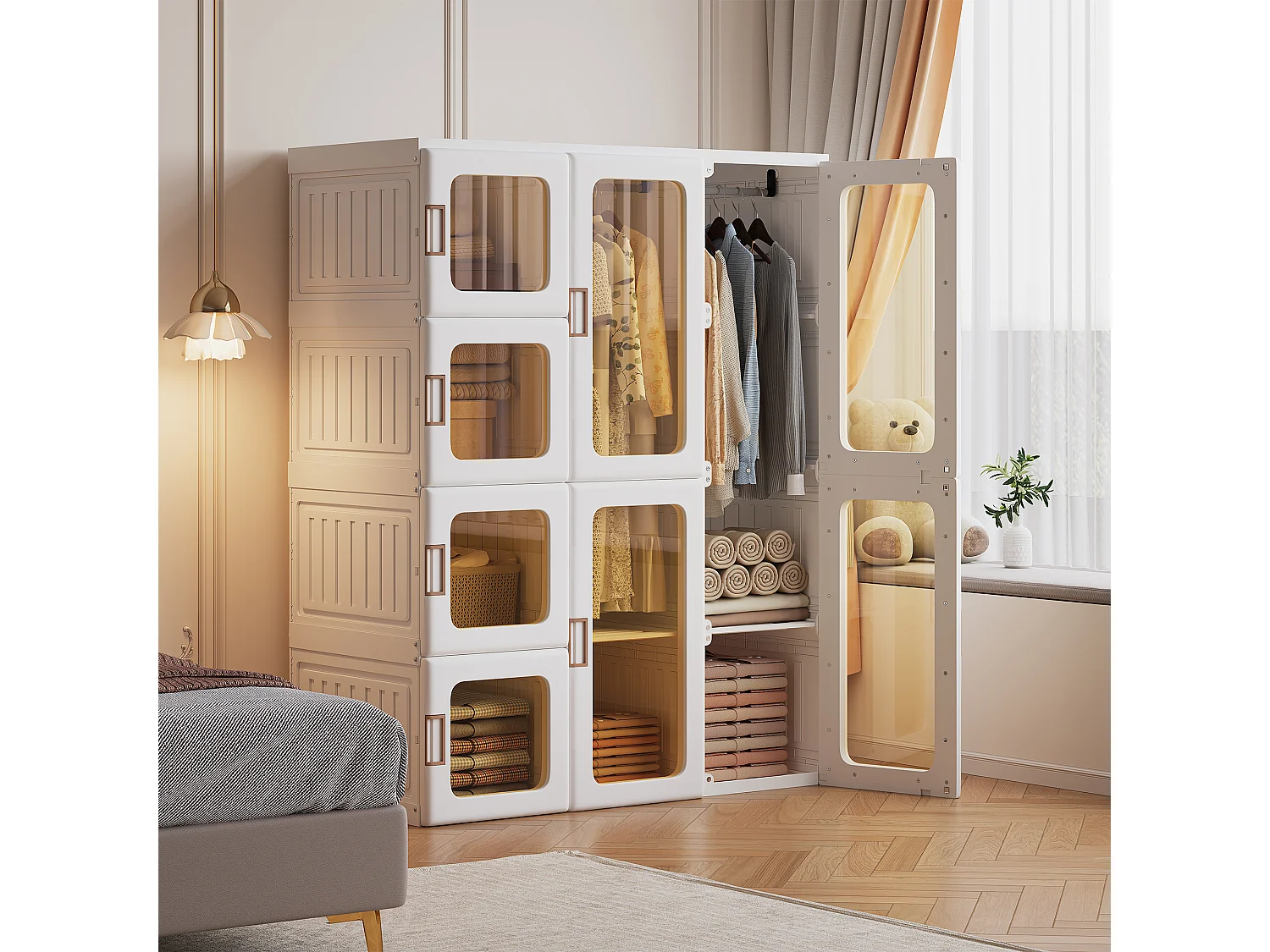 Armoire pliable 104x50x136 cm, 3 portes transparentes avec tringle à vêtements, blanc PP+PET
