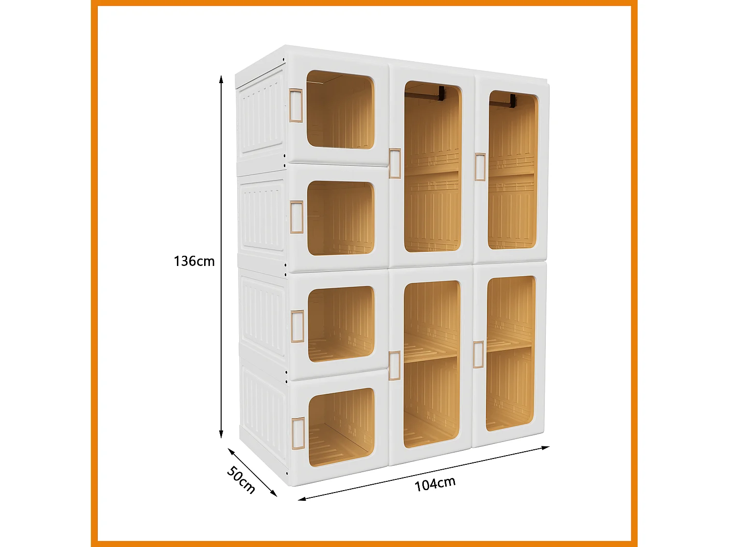 Armoire pliable 104x50x136 cm, 3 portes transparentes avec tringle à vêtements, blanc PP+PET