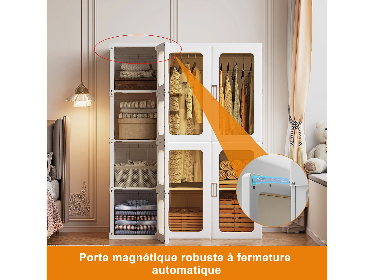 Armoire pliable 104x50x136 cm, 3 portes transparentes avec tringle à vêtements, blanc PP+PET