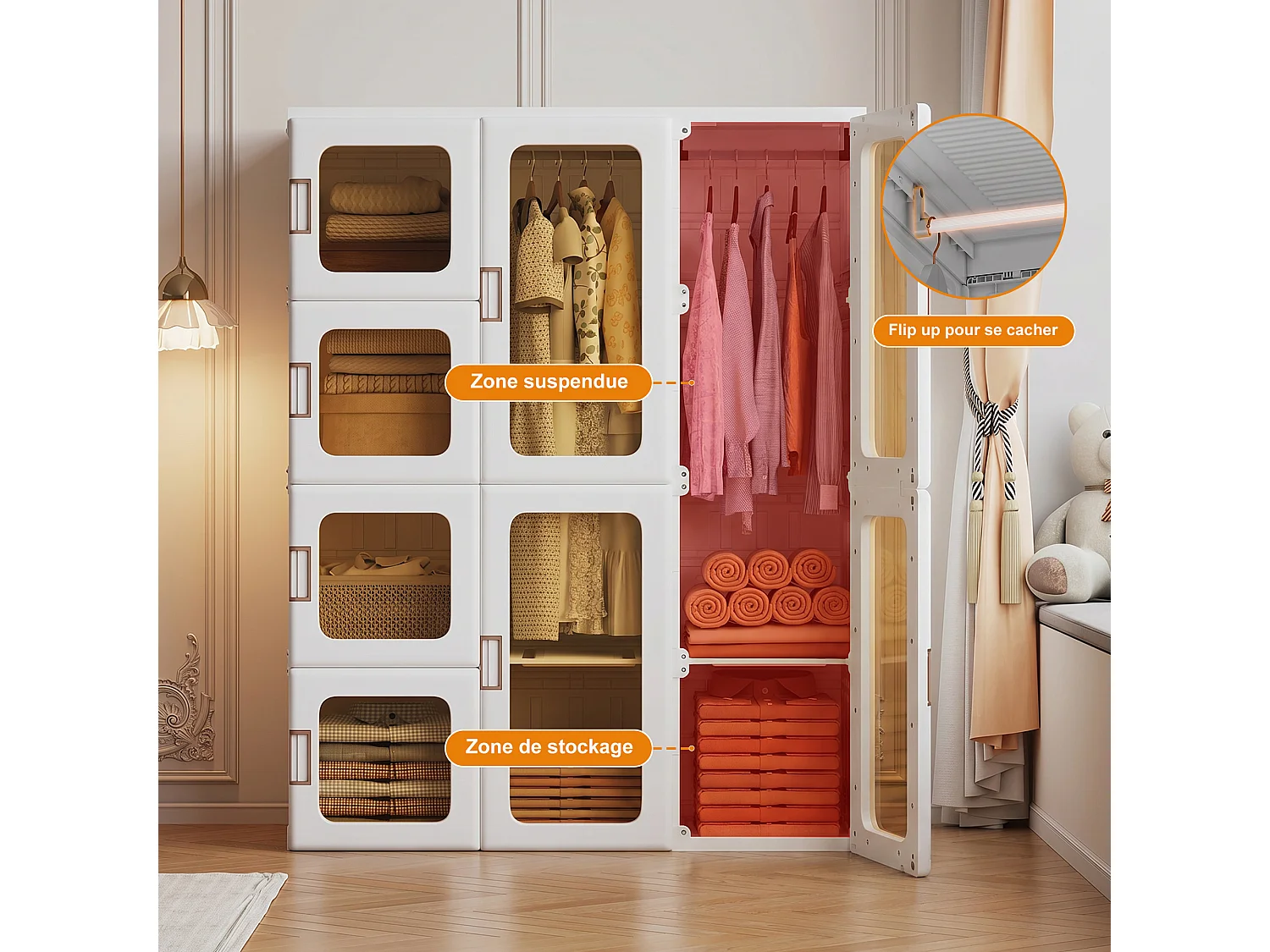 Armoire pliable 104x50x136 cm, 3 portes transparentes avec tringle à vêtements, blanc PP+PET