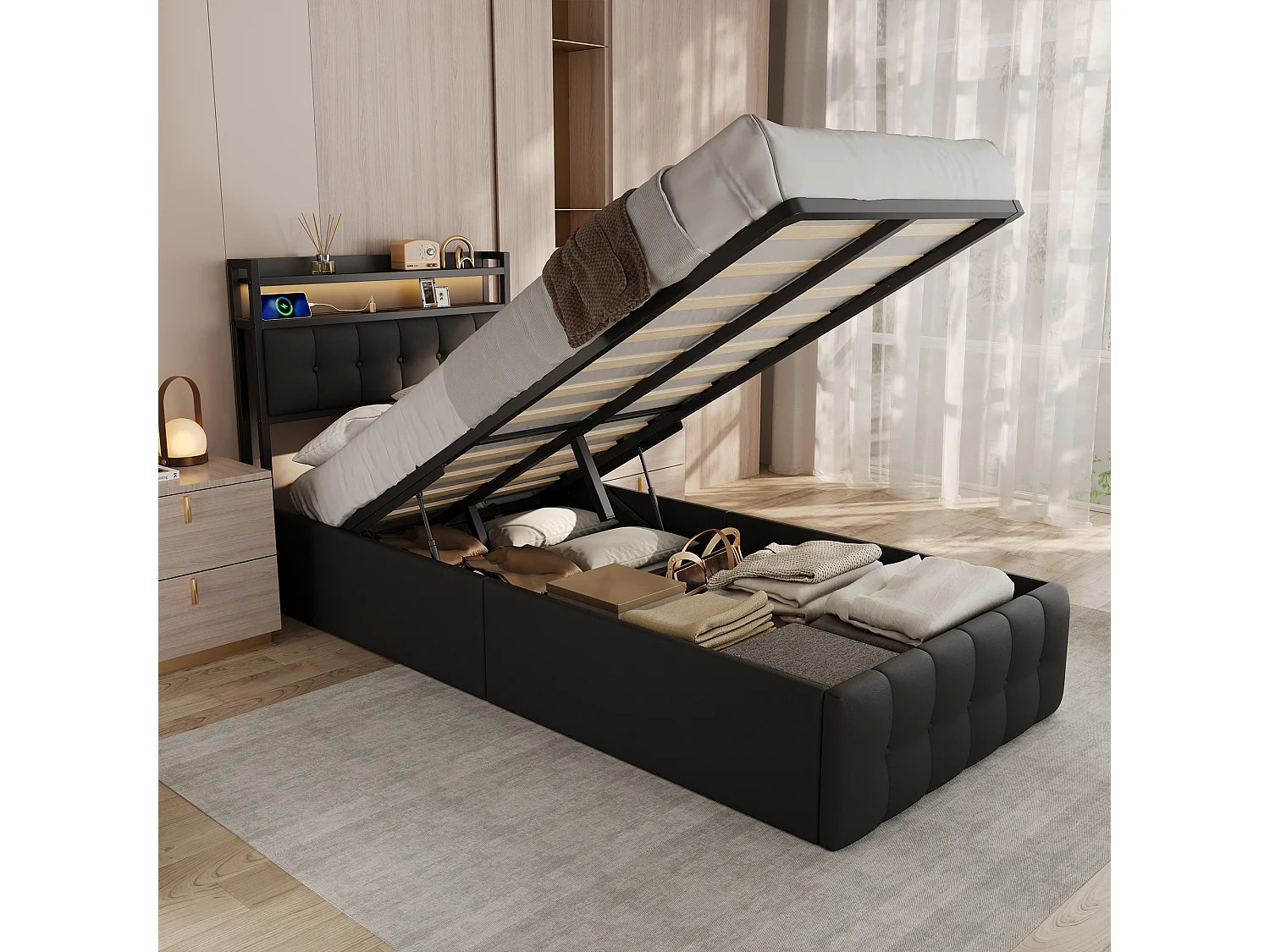 Lit simple 90x200cm coffre de rangement hydraulique, simili-cuir PU noir, éclairage LED et fonction charge USB sans matelas