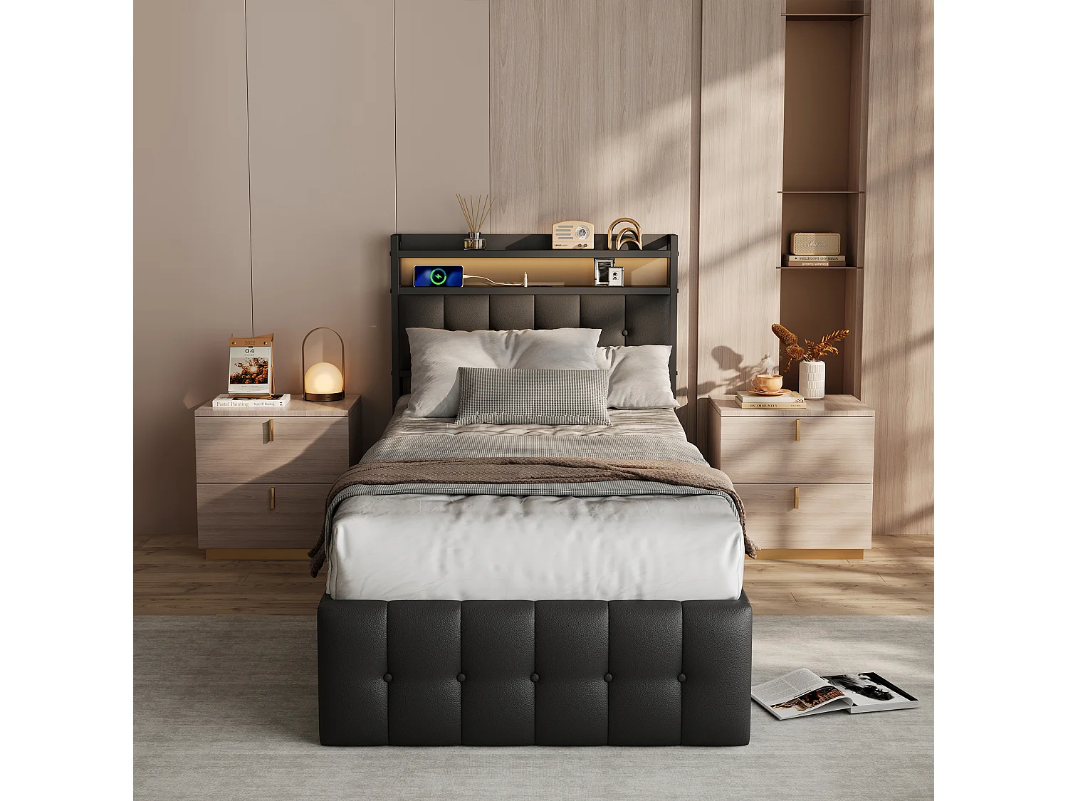 Lit simple 90x200cm coffre de rangement hydraulique, simili-cuir PU noir, éclairage LED et fonction charge USB sans matelas