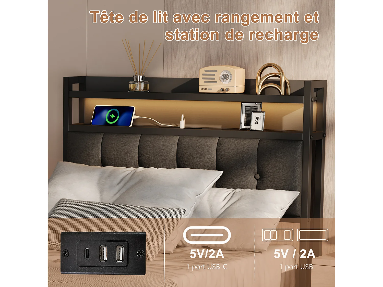 Lit simple 90x200cm coffre de rangement hydraulique, simili-cuir PU noir, éclairage LED et fonction charge USB sans matelas