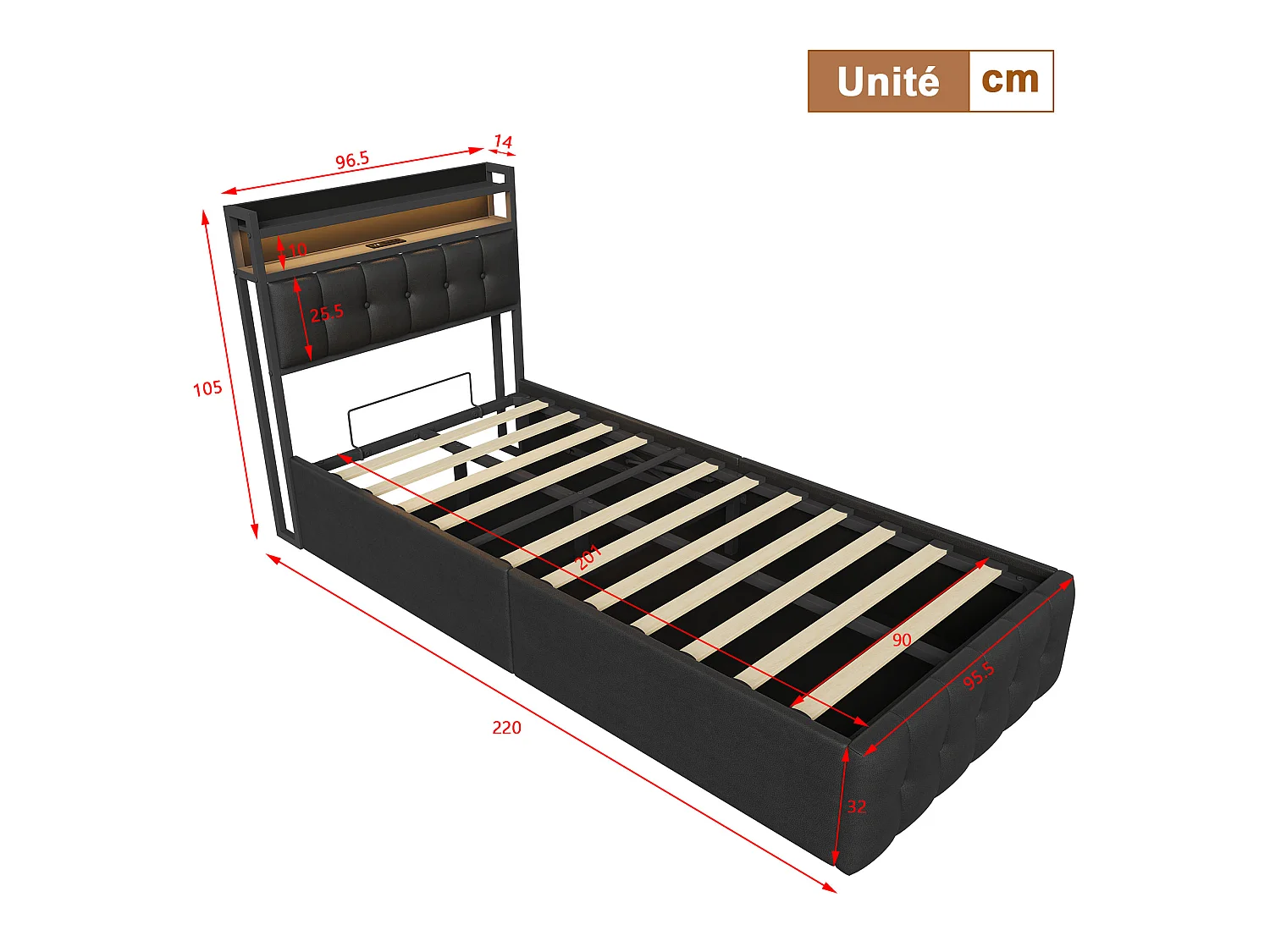 Lit simple 90x200cm coffre de rangement hydraulique, simili-cuir PU noir, éclairage LED et fonction charge USB sans matelas